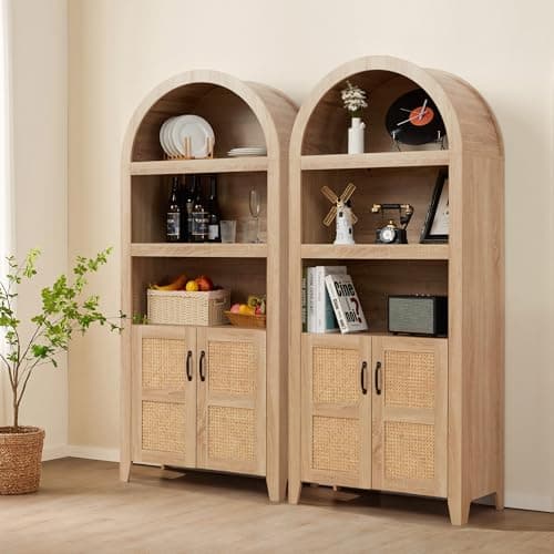 Fragess 72" Arched Storage Cabinet with Beech-Rattan Door, Modern Farmhouse Wooden Bookcase with Adjustable Shelves – Versatile Kitchen Pantry, Living Room Display, and Bedroom Storage (Natural) - Thumbnail 3