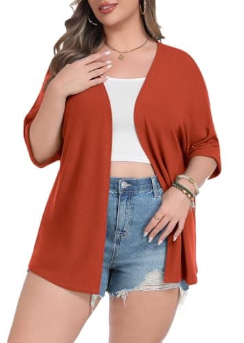 Lastshe Plus Size Cardigan for Womens Rolled Short Sleeve Lightweight Split Hem Both Sides Sweaters Wrap,Orange,3X - Thumbnail 2