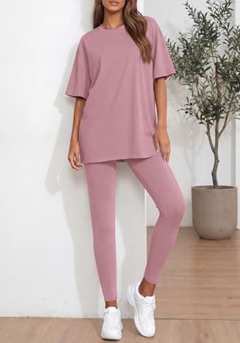 BTFBM Two Piece Lounge Set Women 2026 Spring Casual Oversized Shirts Leggings Matching Workout Airport Travel Outfits(Pink, XX-Large) - Thumbnail 4