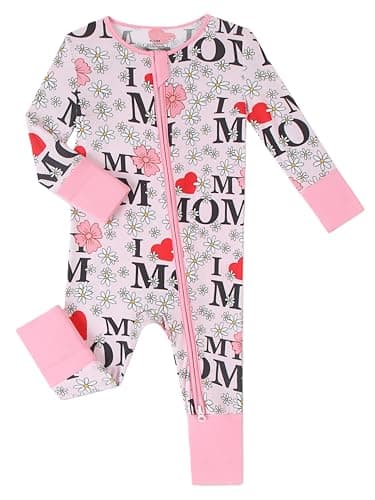 Joonberry Infant Baby Girl Clothing Bamboo Rayon Footies, Newborn outfit Footed Long Sleeve Jumpsuit with Zipper and Mitten Cuffs (I Love Mom, 12-18M) - Image 1