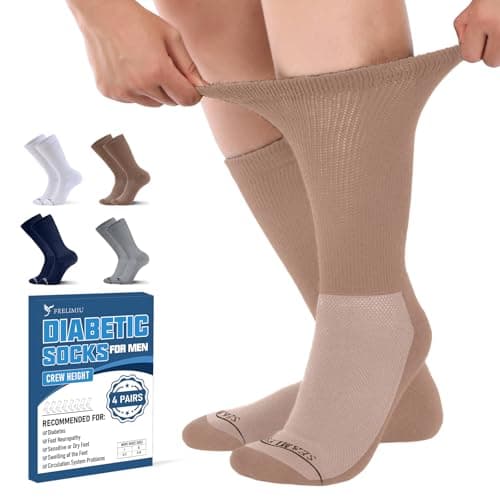 Frelimiu Diabetic Socks for Men, Seamless Crew Socks with Non Binding,Soft Cushioned Sole Sock with Loose Top, Diabetes Sock Men for Neuropathy, lymphedema, Edema, Swollen Feet, 4 Pairs,11-15(XL) - Image 1