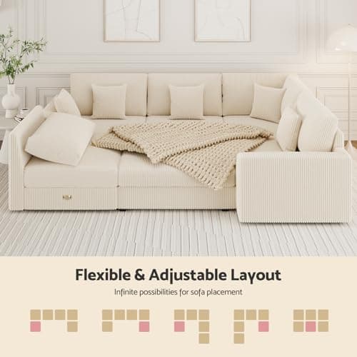 146" Modular Sectional Sofa, Oversized U Shaped, Convertible Sleeper Sofa, Deep Seat Comfy Cloud Couch with Ottoman and 5 Pillows for Living Room - Thumbnail 5