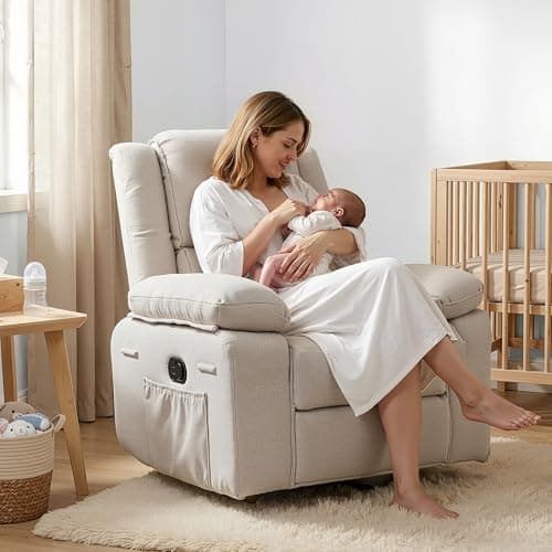 FLEXISPOT Swivel Rocker Recliner Chair for Adults, Massage Recliner Rocking Chair Nursery, 360° Swivel Nursery Glider for Living Room Bedroom, Beige (XRC2) - Thumbnail 3