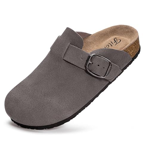 FITORY Womens Clogs Slip-on Potato Shoes Leather Mules with Suede Cork Footbed Grey Size 6 - Image 1