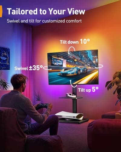 Perlegear Floor TV Stand with LED Light for 32”-75" TVs, Tall TV Stand with Swivel and Tilt, 12 Height Levels TV Mount Stand, Solid Wood Base up to 110 lbs for Living Room, Max VESA 600x400mm, PGFS21B - Thumbnail 5