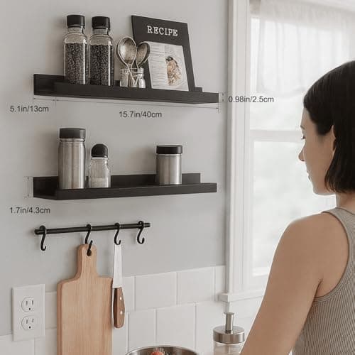 Mifurn Floating Picture Ledge Shelves, 2-Pack Wall Mounted Book Shelf for Nursery & Kids Room, Floating Shelves for Wall Photo Frames with Lip, Living Room or Bedroom, 16inch, Black - Thumbnail 3