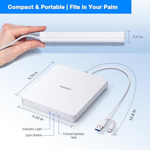 Haiway External DVD Drive, USB 3.0 Type-C CD DVD Burner, Portable +/-RW CD/DVD Optical Drive CD ROM Reader Writer Player for Laptop PC MacBook Windows 11/10/8/7 Linux Mac OS (USB 3.0 & Type-C PMWWH) - Thumbnail 5