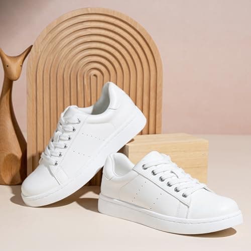 Vepose Women's White Fashion Casual Sneakers, Laces Trendy Sneakers Low Platform with PU Leather, Full White, Size 10 US - Comfortable Walking Shoes (CJY8002 White 10) - Thumbnail 3