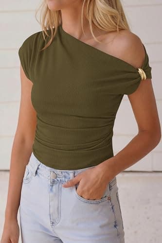 PRETTYGARDEN Womens Summer Off The Shoulder Crop Tops Ribbed Going Out Fitting T Shirts Trendy Spring Y2k Clothes 2026(Army Green,X-Large) - Thumbnail 2