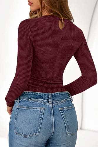 PRETTYGARDEN Womens Tops 2026 Spring Long Sleeve Fitted T Shirts Waffle Ruched Crop Shirt Basic Knit Workout Y2k Clothes(Dark Wine Red,X-Small) - Thumbnail 3