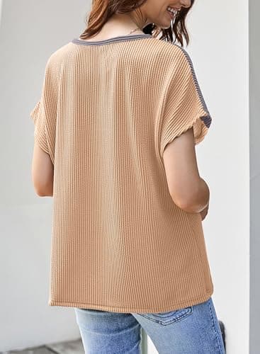 Dokotoo Trendy Tops for Women 2026 Color Block T Shirts Casual Lightweight Short Sleeve Ribbed Knit Tops Loose Fit Cute Summer Top Honey Gold X-Large - Thumbnail 2