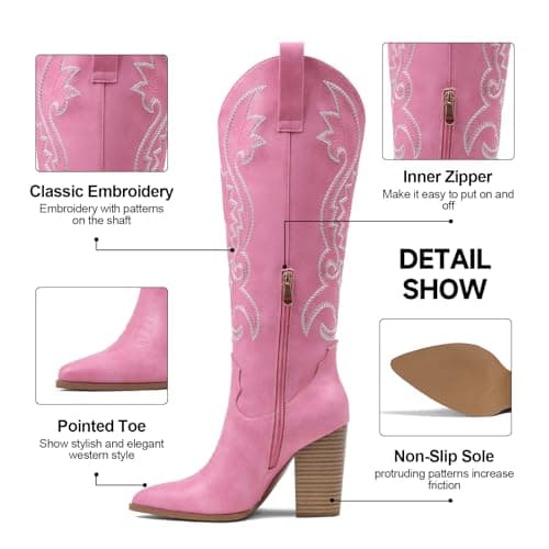 VOMIRA Womens Cowboy Boots Pointed Toe Embroidered Pink Cowboy Boots Chunky High Heel Western Boots Knee High Cowgirl Boots Women Bridal Wedding - Thumbnail 5