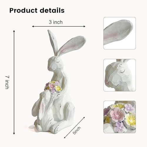 LIFFY Easter Bunnies Statue Home Decor - Charming Hand Painted Resin Rabbit Figurines with Flower, Pretty Spring Home Decor & Gift - Thumbnail 6