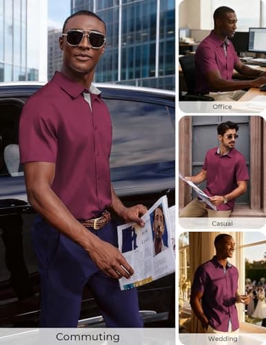 PJ PAUL JONES Mens Short Sleeve Casual Dress Shirt Solid Button Up Formal Business Shirts Lightweight Untucked Shirts XL Burgundy - Thumbnail 4