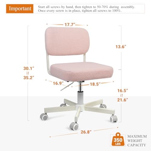 VATROS Vanity Chair with Wheels, Cute Armless Desk Chair with Back, Height Adjustable Swivel Small Office Chair, Comfy Velvet Computer Task Chair for Bedroom, Study, Dressing Room Pink - Thumbnail 2