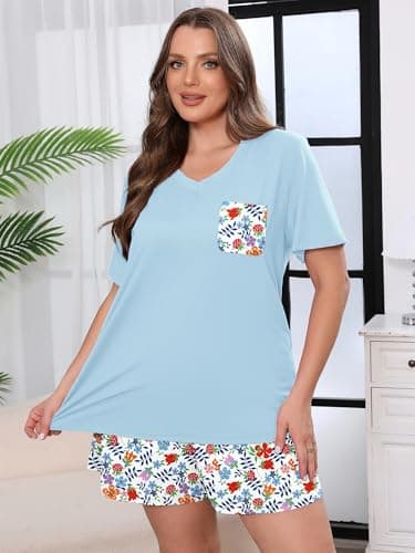 AusLook Plus Size Pajama Set for Women 2 Piece V Neck Short Sleeve Loungewear 3X Set with Pajama Printed Shorts Summer Sleepwear Loose Fit 1X-5X - Thumbnail 2