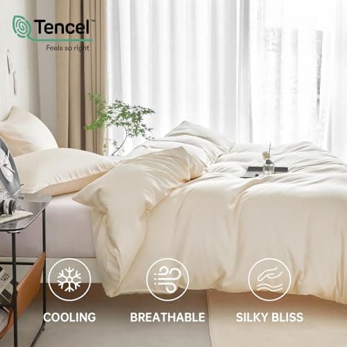 DCSKY Twin Size Duvet Cover Set 2-Piece - 100% Lyocell Tencel Bedding Set, Silky Smooth & Hypoallergenic, Temperature Regulating for Hot Sleepers (Beige, 68x90 Inches) - Thumbnail 4