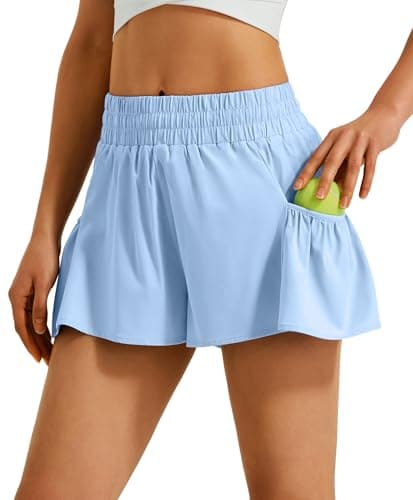 Ksmien Women's Athletic Running Shorts High Waisted Flowy Lightweight Shorts with Pockets for Tennis Golf Workout Gym Sky Blue - Image 1