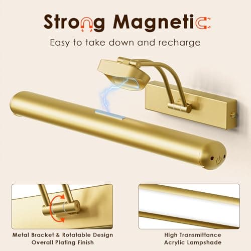 Picture Light for Wall with Remote, Wireless Battery Operated Wall Lights with 3 Colors Dimmable & Timer, 12.6" Rechargeable Metal Wall Sconce for Living Room, Artwork Gallery Display, Gold 1Pack - Thumbnail 2