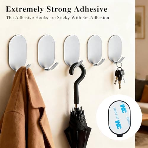 10 Pcs Metal Hooks, Adhesive Hooks for Hanging, Key Hooks, Wall Hooks, Coat Hooks, Door Hooks, Towel Holder, Picture Hanger, Command Hooks, Storage Hooks, Utility Hooks for Bathroom, Kitchen (Silver) - Thumbnail 2