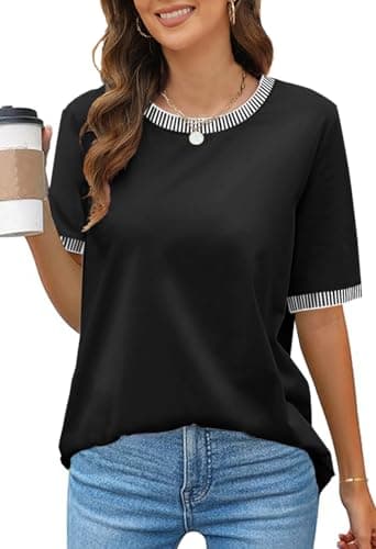 MEROKEETY Women's 2025 Short Sleeve Striped Color Block T Shirts Crewneck Loose Casual Tee Tops, Black, M - Image 1