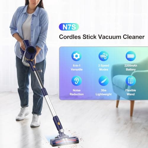 Powaert N7S Cordless Vacuum Cleaner, 6-in-1 Multifunction Cordless Vacuum, 210W Powerful Vacuum Cleaner, 6 Cell 2200mAh Stick Vacuum Cordless Rechargeable for Home (Indigo) - Thumbnail 2