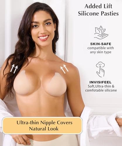 Bontierie Nipple Covers Sticky Push up Bra Added Lift Seamless Ultra-Thin Pasties Women Adhesive Bras Beige - Thumbnail 4