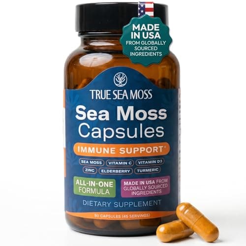 TrueSeaMoss Sea Moss Capsules – Immune Support – Sea Moss, Vitamin C, D3, Elderberry, Zinc, Turmeric, Astragalus – 90 Capsules (45 Servings) - Image 1