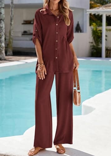 KIRUNDO Two Piece Sets for Women Spring Outfits 2026 Summer Dressy Casual Button Down Shirt Wide Leg Pants Lounge Set(Brown, Small) - Thumbnail 6