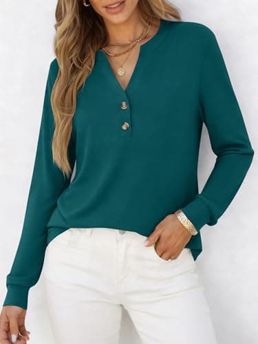 ANRABESS Women's Long Sleeve Shirts 2026 Spring Fashion Dressy Casual Tops Trendy Henley Blouses Cute Work Outfits Clothes Teal Large - Thumbnail 2