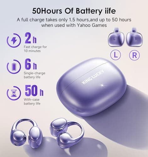 King Lucky Clip-On Earbuds Gen 3, Open-Ear Wireless Bluetooth 6.0 Headphones with Mic, Secure Fit for Small Ears & Glasses Wearers, 50H Playtime, ENC, IPX5 Waterproof Sport Ear Buds (Purple) - Thumbnail 6