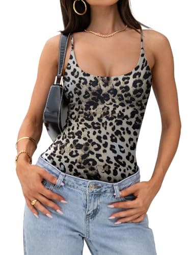 PINKMSTYLE Women Sexy Scoop Neck Thong Bodysuit Fitted Double Lined Backless Cami Bodysuit Spaghetti Strap Tank Tops White leopard print Small - Image 1