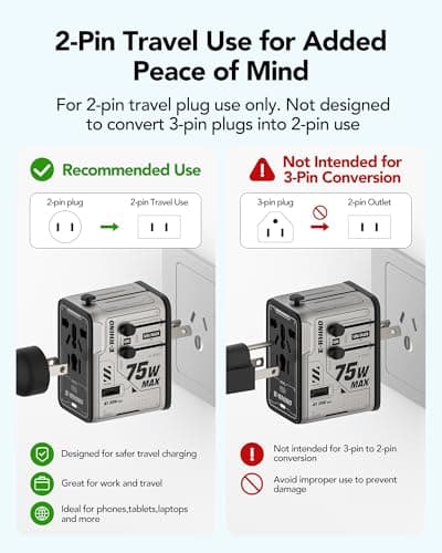 Mfish 75W Universal Travel Adapter with Retractable USB-C Cable, 3 USB-C & 1 USB-A, 1 AC Outlet, International Wall Charger for MacBook, iPhone, iPad, EU/UK/US/AUS, Type A/I/G/C, Grey - Thumbnail 6