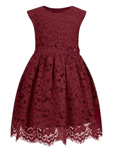 ALLOVIN Girls & Toddlers Sleeveless A-Line Lace Party Dress Birthday Wedding & Flower Girl Dress with Beaded Bowknot | Burgundy | 6-7Y - Image 1