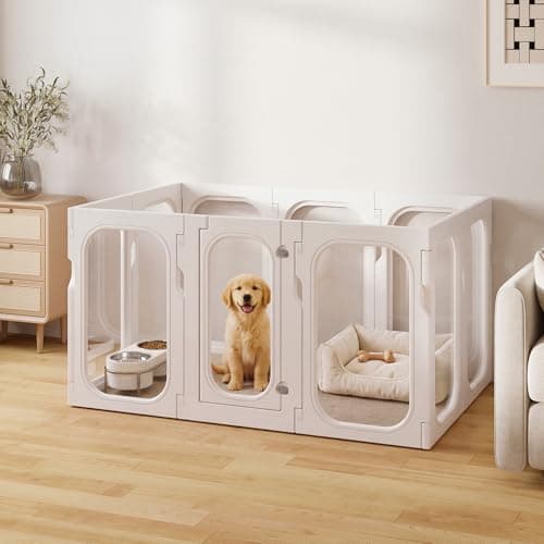 Jenwnet Acrylic Clear Dog Playpen Indoor with Door, 26'' H Transparent Dog Play Pen for Small Dogs, No-Connector Modular Puppy Playpen with Integrated Suction Cups Base, 10 Panels, White - Image 1