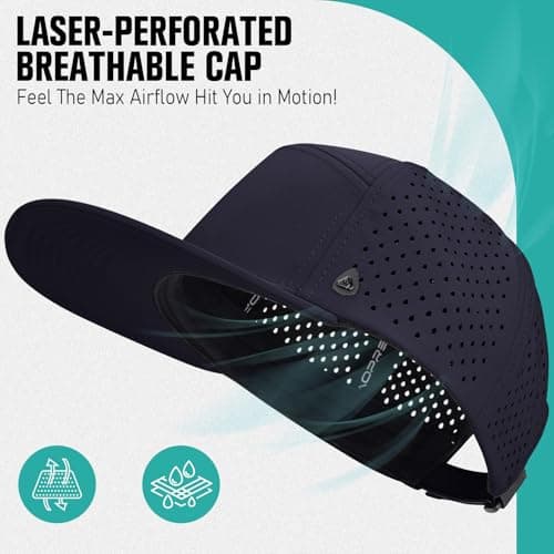 AOPREL Flat Brim Baseball Cap for Men Adjustable Trucker Hats Water-Resistant Performance Hat with Breathable Laser Perforated for Running, Golf, Workout, Gym & Outdoor Navy Blue - Thumbnail 2