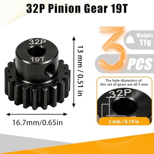 32P 19T RC Car Gear Set | 45# Steel Black Oxide | 5mm Bore +0.03mm | Precision Engineered Motor Pinion Gear Compatible with Traxxas/ARRMA/HPI/Kyosho (3-Pack with M4 Set Screws) - Thumbnail 2