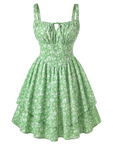 Scarlet Darkness Floral Mini Corset Dress for Women Teen 2026 Summer Spring Flowy A-Line Sundress with Pockets Green White Bloom S - Image 1