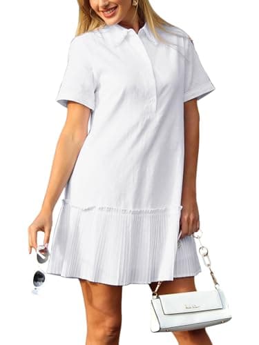 ECOWISH Women Summer Shirt Dress- V Neck Short Sleeve Casual Shift Dresses Button Down Mini Dresses with Pocket White M - Image 1