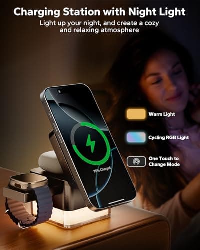 KPON for iPhone Nightstand Charging Station,15W 3 in 1 Wireless Phone Charger Stand with Night Lamp, Travel Foldable Magnetic Cube Magsafe Dock for iPhone 17 16 15 14 13 12 Series/Apple Watch/Airpods - Thumbnail 3