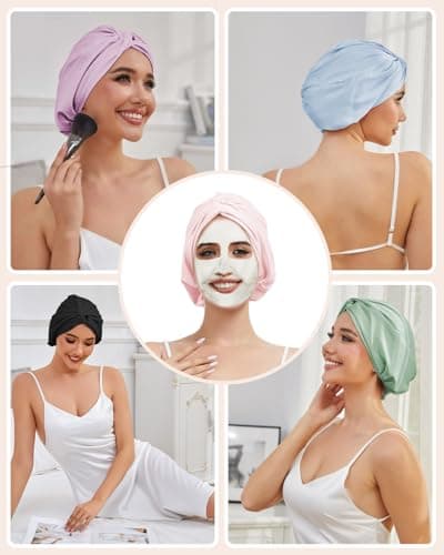 HFRHTGY Adjustable Silk Satin Hair Bonnet for Sleeping Women Hair Wrap, Double Layer Night Turban, Sleep Cap for Natural Curly Straight Unisex - Champagne - Thumbnail 5