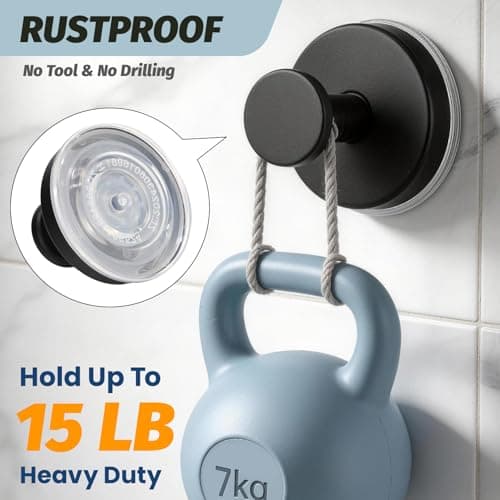 warlve Large 15lb Suction Cup Hooks for Shower, No-Drill Bathroom Towel Hooks for Robes, Loofah, Removable Mountable on Glass, Tile, Mirrors, Smooth Non-Porous Surfaces (2, Matte Black) - Thumbnail 2
