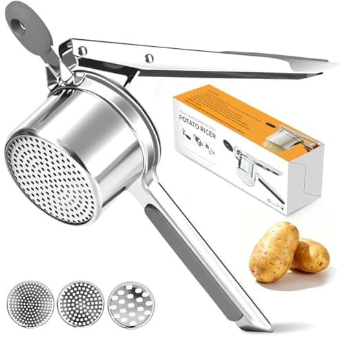 Potato Ricer for Mashed Potatoes-Stainless Steel 15oz Large Capacity,All Clad,Heavy Duty,Ergonomic Handle for Spaetzle,Oranges, Lemons, Pumpkins, Carrots, Avocados(GRAY)