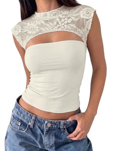 FIROVA Women's Lace Going Out Tops Sexy Cutout Double Lined Cropped Tank Tops 2026 Trendy Summer Y2K Night Out Club Party Country Concert Outfits White L - Image 1