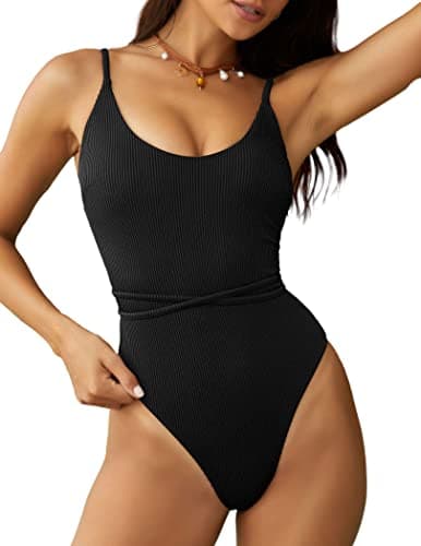 ZAFUL One Piece Swimsuit for Women Ribbed Scoop Neck Swimsuits 1 Piece Padded High Cut Lace Up Back Swimwear Black S - Image 1