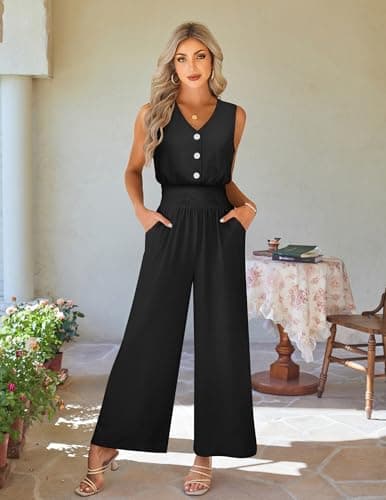 LOOKBOHO Women Jumpsuit Fashion Dressy One Piece Outfits Summer Sleeveless V Neck Rompers Casual Wide Leg Pants(B,XXL) - Thumbnail 6