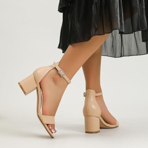 Amoji Women's Block Heels 2.5 Inch Heels Dressy Sandals Low Heels Chunky Heeled Sandals 301 Nude Size 7 women - Thumbnail 3