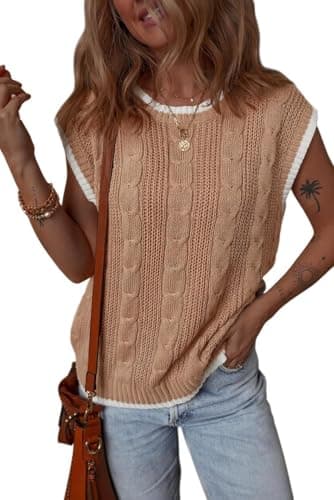 Dokotoo Women's Tank Tops Round Neck Cap Sleeve Color Block Cable Knit Vest Tops for Women Sweater Vest Women Vest for Women Sweaters for Women Khaki Small - Image 1