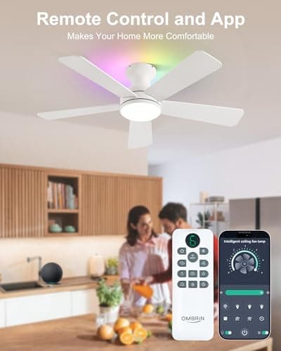 Ombrin 42 Inch Ceiling Fan with Lights, RGB Ceiling Fan with Light, App & Remote Control, Flush Mount Low Profile, Reversible, 3CCT, Dimmable LED, Noiseless, White Ceiling Fan for Bedroom - Thumbnail 2