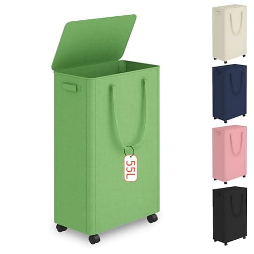 Slim Laundry Hamper with Wheels,15 Gal (55L) Rolling Laundry Basket with lid and wheels Clothes Hamper Foldable Tall Dirty Clothes Basket Sturdy Collapsible Clothes Hamper for Dorm,Laundry Room - Image 1
